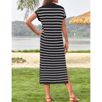 ZESICA Women's Summer Striped Midi Dress Comfortable Chic