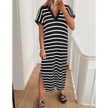 ZESICA Women's Summer Striped Midi Dress Comfortable Chic