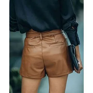 DZOVUTTZ High Waisted Shorts for Women Faux Leather Wide Leg with Pockets Brown-L