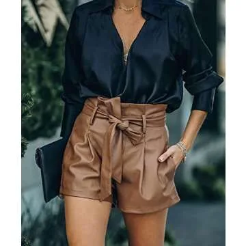 DZOVUTTZ High Waisted Shorts for Women Faux Leather Wide Leg with Pockets Brown-L