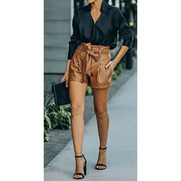 DZOVUTTZ High Waisted Shorts for Women Faux Leather Wide Leg with Pockets Brown-L