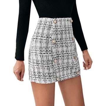 SweatyRocks Women's Elegant High Waist A-line Plaid Tweed Mini Skirt Black and White S