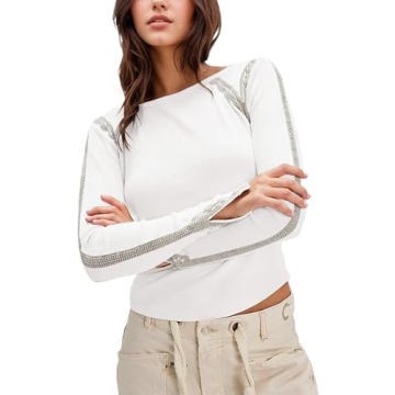 Burtell Y2K Contrast Lace Trim Long Sleeve Tops for Women Cute Crew Neck Patchwork Ribbed Knit Tee S...