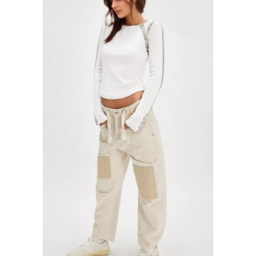 Burtell Y2K Contrast Lace Trim Long Sleeve Tops for Women Cute Crew Neck Patchwork Ribbed Knit Tee Shirts Slim Fit Crop Tops White