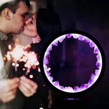 Runyangshi Amethyst Tooth Night Lamp 8.6" Natural Healing Crystal Bedside Lamp USB Port 3 Colours Dimming Mode Bedroom Lamp Suitable Night Light Ideal Gift