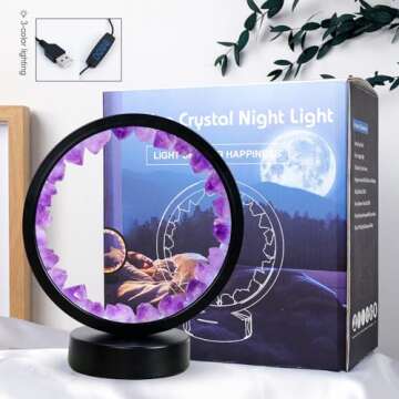 Runyangshi Amethyst Tooth Night Lamp 8.6" Natural Healing Crystal Bedside Lamp USB Port 3 Colours Dimming Mode Bedroom Lamp Suitable Night Light Ideal Gift