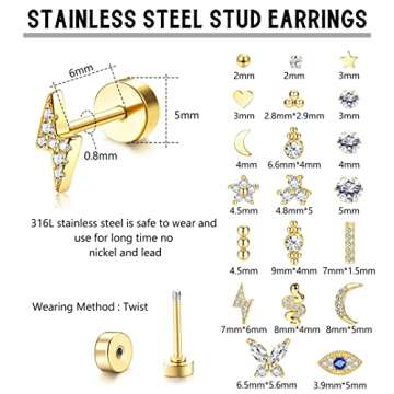BESTEEL 20Pcs Stainless Steel Stud Earrings for Women 20G Tiny Cartilage Stud Earrings Small Snake Star Moon Ball Butterfly Heart Eye Flower Flat Back Studs Earring Piercing Jewelry Set(Gold)