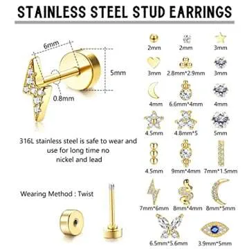 BESTEEL 20Pcs Stainless Steel Stud Earrings for Women 20G Tiny Cartilage Stud Earrings Small Snake Star Moon Ball Butterfly Heart Eye Flower Flat Back Studs Earring Piercing Jewelry Set(Gold)