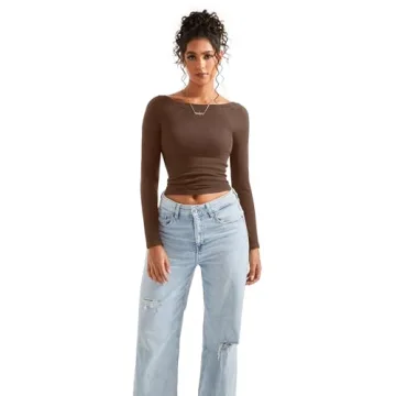 SUUKSESS Seamless Ribbed Long Sleeve Tops for Women