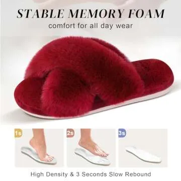 Parlovable Women's Fuzzy Slippers Comfy Cross Band House Shoes Memory Foam Open Toe Indoor Gifts for Ladies Burgundy 7-8
