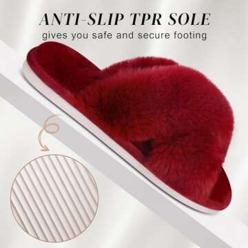 Parlovable Women's Fuzzy Slippers Comfy Cross Band House Shoes Memory Foam Open Toe Indoor Gifts for Ladies Burgundy 7-8