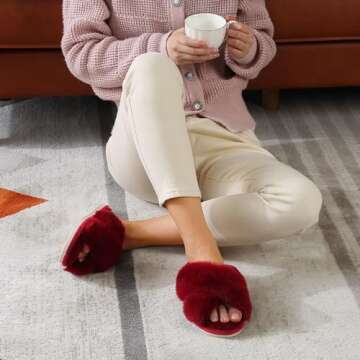 Parlovable Women's Fuzzy Slippers Comfy Cross Band House Shoes Memory Foam Open Toe Indoor Gifts for Ladies Burgundy 7-8