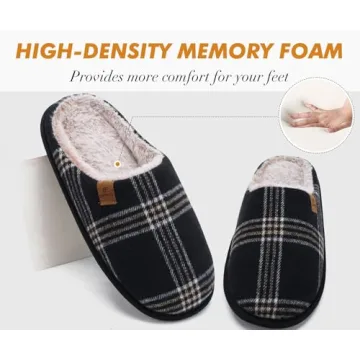 COFACE Mens Black Flano Plaid Cozy Memory Foam scuff Slippers Slip On Warm House Shoes Indoor/Outdoor With Best Arch Support Size 11