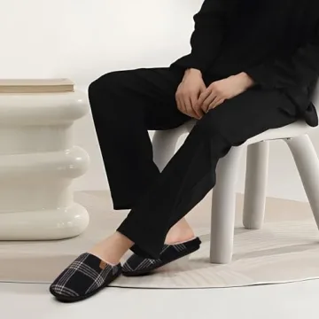 COFACE Mens Black Flano Plaid Cozy Memory Foam scuff Slippers Slip On Warm House Shoes Indoor/Outdoor With Best Arch Support Size 11