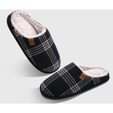 COFACE Mens Black Flano Plaid Cozy Memory Foam scuff Slippers Slip On Warm House Shoes Indoor/Outdoor With Best Arch Support Size 11