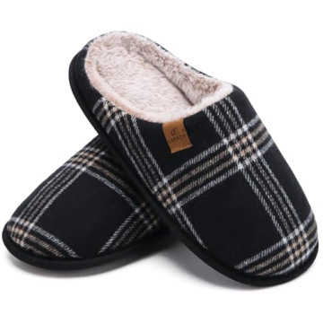 COFACE Mens Black Flano Plaid Cozy Memory Foam scuff Slippers Slip On Warm House Shoes Indoor/Outdoor With Best Arch Support Size 11