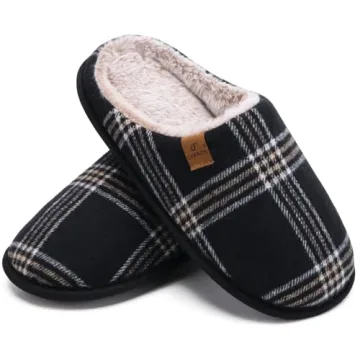 COFACE Mens Black Flano Plaid Cozy Memory Foam scuff Slippers Slip On Warm House Shoes Indoor/Outdoor With Best Arch Support Size 11