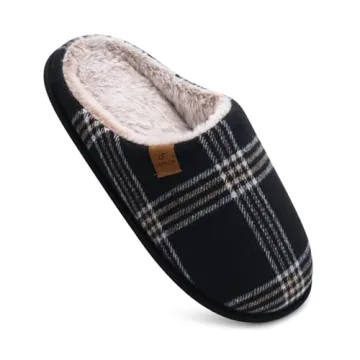 COFACE Mens Black Flano Plaid Cozy Memory Foam scuff Slippers Slip On Warm House Shoes Indoor/Outdoor With Best Arch Support Size 11