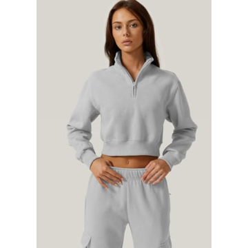 QINSEN Womens High Neck Zipper Up Crop Sweatshirt Long Sleeve Winter Pullover Grey L
