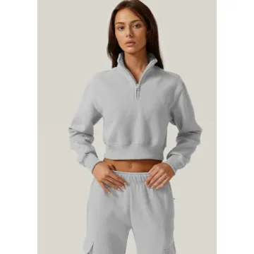QINSEN Womens High Neck Zipper Up Crop Sweatshirt Long Sleeve Winter Pullover Grey L