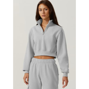 QINSEN Womens High Neck Zipper Up Crop Sweatshirt Long Sleeve Winter Pullover Grey L