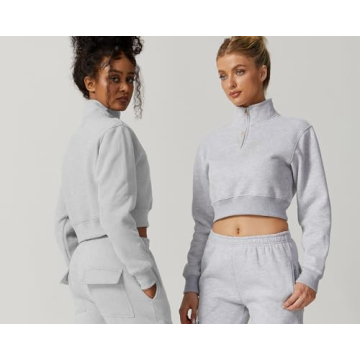 QINSEN Womens High Neck Zipper Up Crop Sweatshirt Long Sleeve Winter Pullover Grey L
