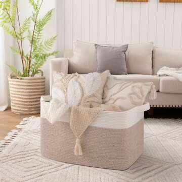 OIAHOMY 95L Blanket Basket, 24”x17”x14”, Large Woven Baskets for Storage, Nursery Cotton Rope ...