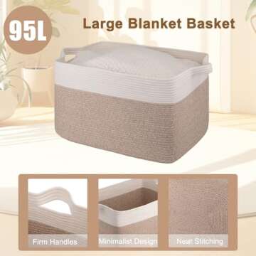 OIAHOMY 95L Blanket Basket, 24”x17”x14”, Large Woven Baskets for Storage, Nursery Cotton Rope Basket with Handle, Living Room, Nursery, Bedroom,Toy Baskets Organizer Bins, Brown and White