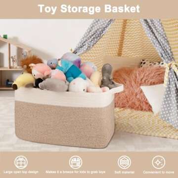 OIAHOMY 95L Blanket Basket, 24”x17”x14”, Large Woven Baskets for Storage, Nursery Cotton Rope Basket with Handle, Living Room, Nursery, Bedroom,Toy Baskets Organizer Bins, Brown and White