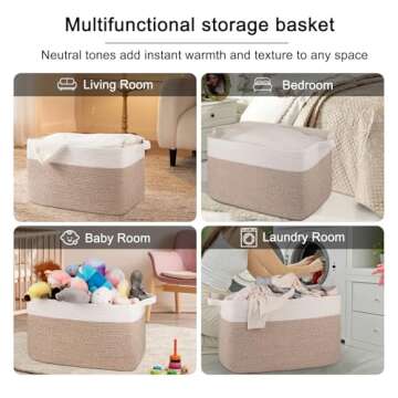 OIAHOMY 95L Blanket Basket, 24”x17”x14”, Large Woven Baskets for Storage, Nursery Cotton Rope Basket with Handle, Living Room, Nursery, Bedroom,Toy Baskets Organizer Bins, Brown and White