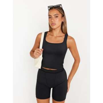 Trendy Queen 2 Piece Lounge Sets for Women Matching Workout Set Cropped Tank Tops and High Waist Yoga Leggings Active Wear, X-Small, Black