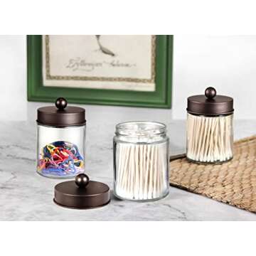 Amolliar 6Pc Apothecary Jars Bathroom Vanity Organizer- Rustic Farmhouse Decor Storage Canister with Stainless Steel Lids- Qtip Dispenser Holder for Q-Tips,Cotton Swabs,Rounds,Ball,Flossers (Bronze)