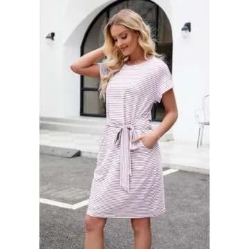 MEROKEETY Women's Summer Striped Short Sleeve T Shirt Dress Casual Tie Waist Midi Dress, Dustypink, M