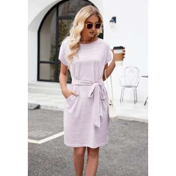 MEROKEETY Women's Summer Striped Short Sleeve T Shirt Dress Casual Tie Waist Midi Dress, Dustypink, M
