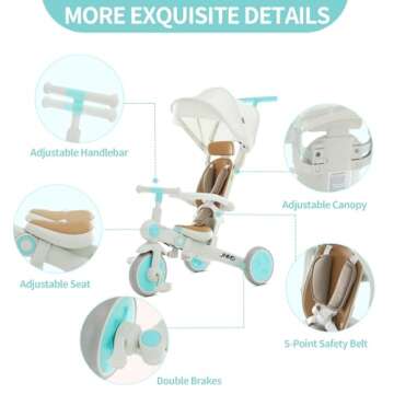 JMMD Baby Tricycle, 7-in-1 Multifunctional Kids Trike with Adjustable Parent Handle, Safety Harness & Wheel Brakes, Removable Canopy, Stroll Trike for Boys & Girls Ages 18 Months-5 Years, Mint