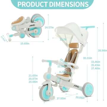 JMMD Baby Tricycle, 7-in-1 Multifunctional Kids Trike with Adjustable Parent Handle, Safety Harness & Wheel Brakes, Removable Canopy, Stroll Trike for Boys & Girls Ages 18 Months-5 Years, Mint