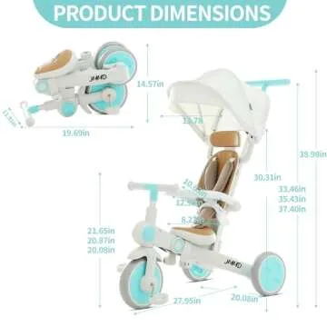 JMMD Baby Tricycle, 7-in-1 Multifunctional Kids Trike with Adjustable Parent Handle, Safety Harness & Wheel Brakes, Removable Canopy, Stroll Trike for Boys & Girls Ages 18 Months-5 Years, Mint