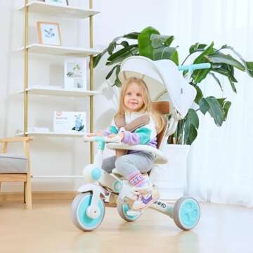 JMMD Baby Tricycle, 7-in-1 Multifunctional Kids Trike with Adjustable Parent Handle, Safety Harness & Wheel Brakes, Removable Canopy, Stroll Trike for Boys & Girls Ages 18 Months-5 Years, Mint