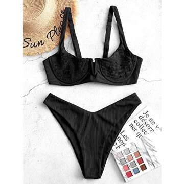 ZAFUL Women's Ribbed Underwire Bikini High Cut V Notch Smocked Swimwear Printed High Leg Swimsuit