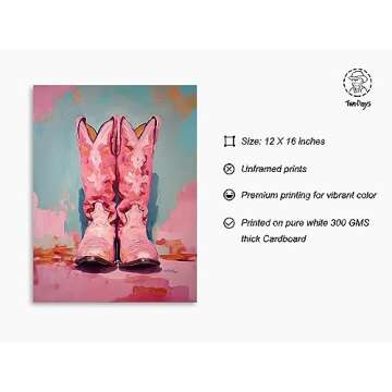 TwoDays Pink Cowgirl Boots Room Decor, Girly Western Paintings for Apartment, Coastal Cowboy Boot Wa...