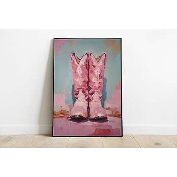 TwoDays Pink Cowgirl Boots Room Decor, Girly Western Paintings for Apartment, Coastal Cowboy Boot Wall Art Prints for Teen Girls Bedroom. (12" X 16", UNFRAMED)