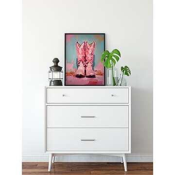 TwoDays Pink Cowgirl Boots Room Decor, Girly Western Paintings for Apartment, Coastal Cowboy Boot Wall Art Prints for Teen Girls Bedroom. (12" X 16", UNFRAMED)