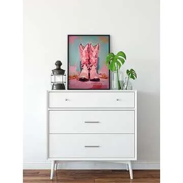 TwoDays Pink Cowgirl Boots Room Decor, Girly Western Paintings for Apartment, Coastal Cowboy Boot Wall Art Prints for Teen Girls Bedroom. (12" X 16", UNFRAMED)