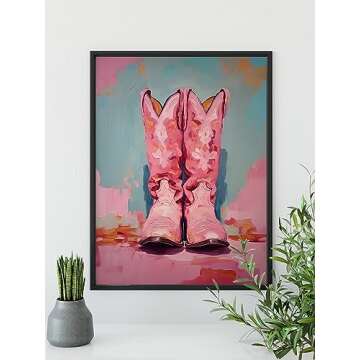 TwoDays Pink Cowgirl Boots Room Decor, Girly Western Paintings for Apartment, Coastal Cowboy Boot Wall Art Prints for Teen Girls Bedroom. (12" X 16", UNFRAMED)
