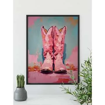 TwoDays Pink Cowgirl Boots Room Decor, Girly Western Paintings for Apartment, Coastal Cowboy Boot Wall Art Prints for Teen Girls Bedroom. (12" X 16", UNFRAMED)