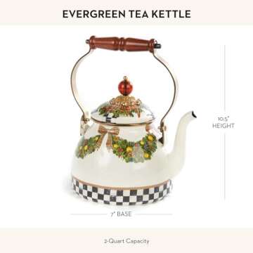 MACKENZIE-CHILDS Enamel Tea Kettle, Cute Kitchen Kettle for Stovetop, 2-Quart Capacity, Evergreen