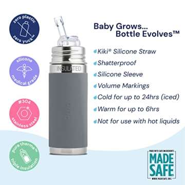 Pura Kiki 9oz/260 ml Stainless Steel Insulated Bottle w/Silicone Straw & Sleeve, 100% Plastic-Free, MadeSafe Certified, 100% Medical-Grade Silicone Straw for Kids, Toddlers, Babies & Infant – Aqua