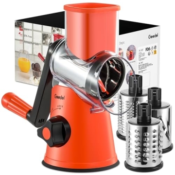 Geedel Rotary Cheese Grater, Kitchen Mandoline Vegetable Slicer with 3 Interchangeable Blades, Easy ...