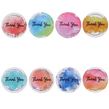Fiercy 8 Designs Watercolor Thank You Stickers with Gold Floral Frame, 1.5 inch Waterproof Thank You Sticker Labels Roll, 500 Adhensiive Labels, Small Business Stickers for Packaging