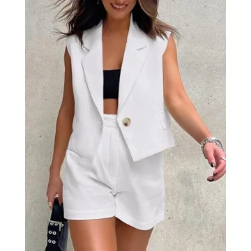 KIRUNDO Women's 2 Piece Crop Vest Blazer & Shorts Set